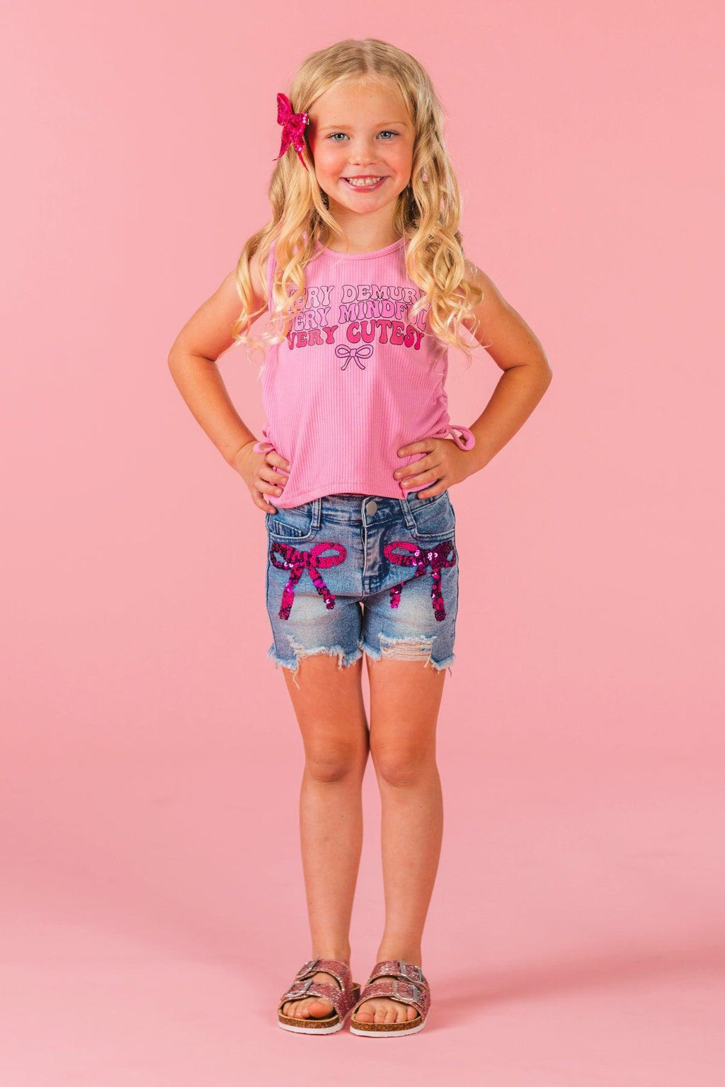 "Very Demure..." Pink Denim Short Set | Sparkle in Pink