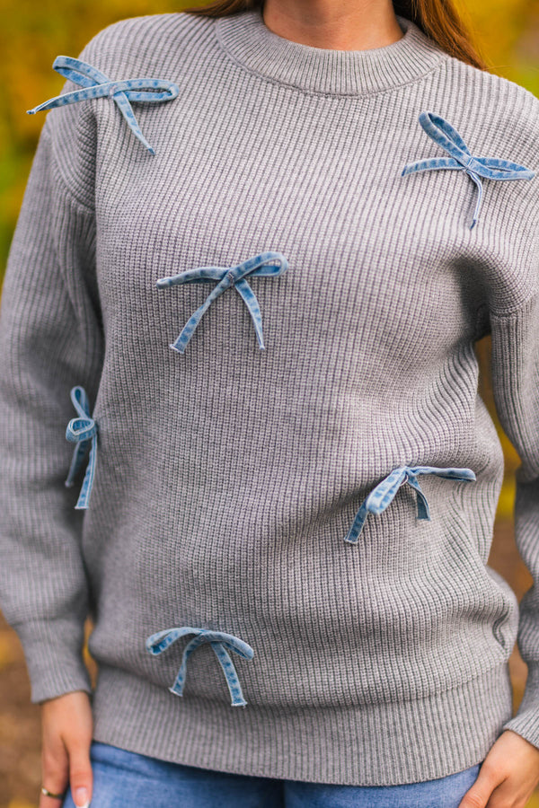 Mom & Me - Gray Bow Knit Sweater & Denim Pant Set
