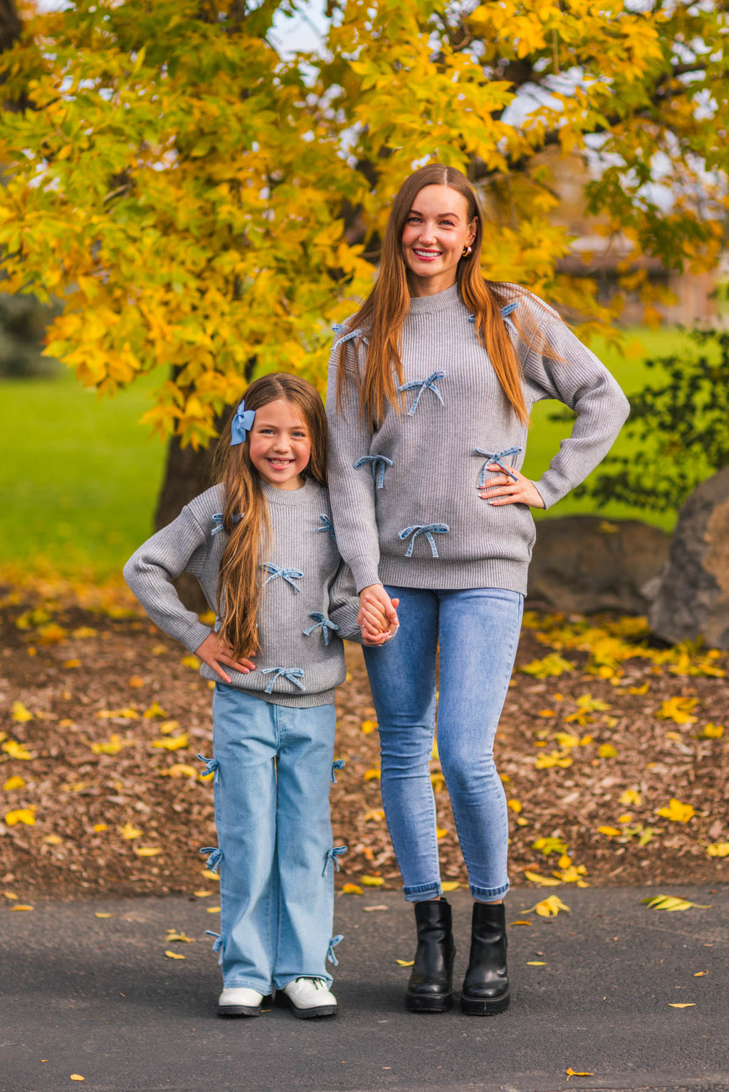 Mom & Me - Gray Bow Knit Sweater & Denim Pant Set