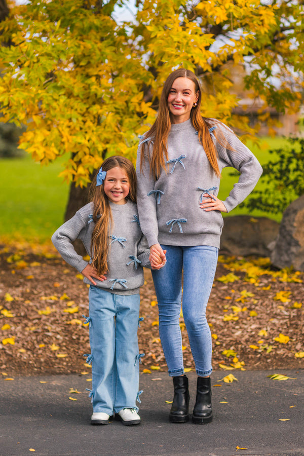 Mom & Me - Gray Bow Knit Sweater & Denim Pant Set