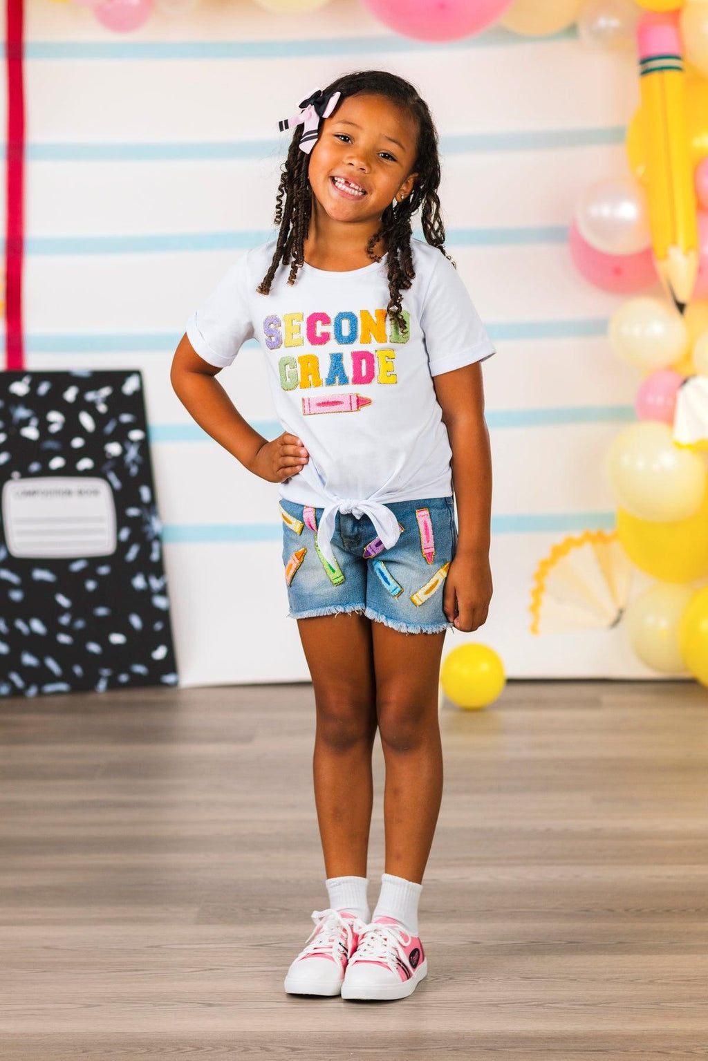 "Pre School - Sixth Grade" Crayon Denim Short Set | Sparkle in Pink
