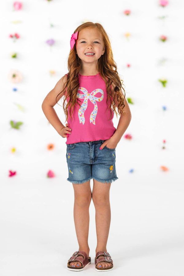 Hot Pink Floral Bow Denim Short Set | Sparkle in Pink