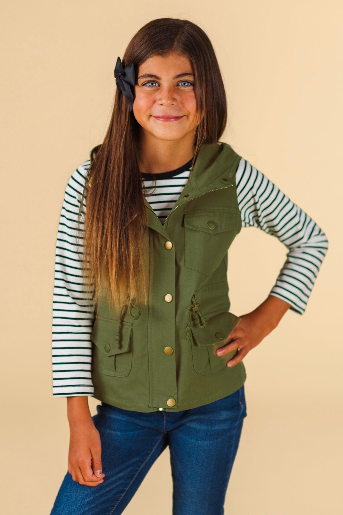 Olive Green Stripe Vest Set