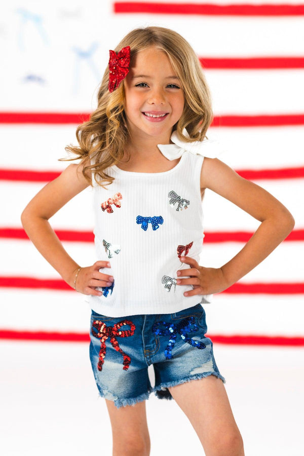 Patriotic Sequin Bow Denim Short Set | Sparkle in Pink