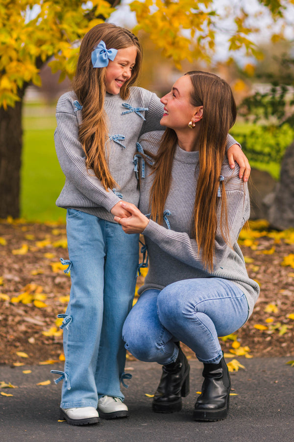 Mom & Me - Gray Bow Knit Sweater & Denim Pant Set