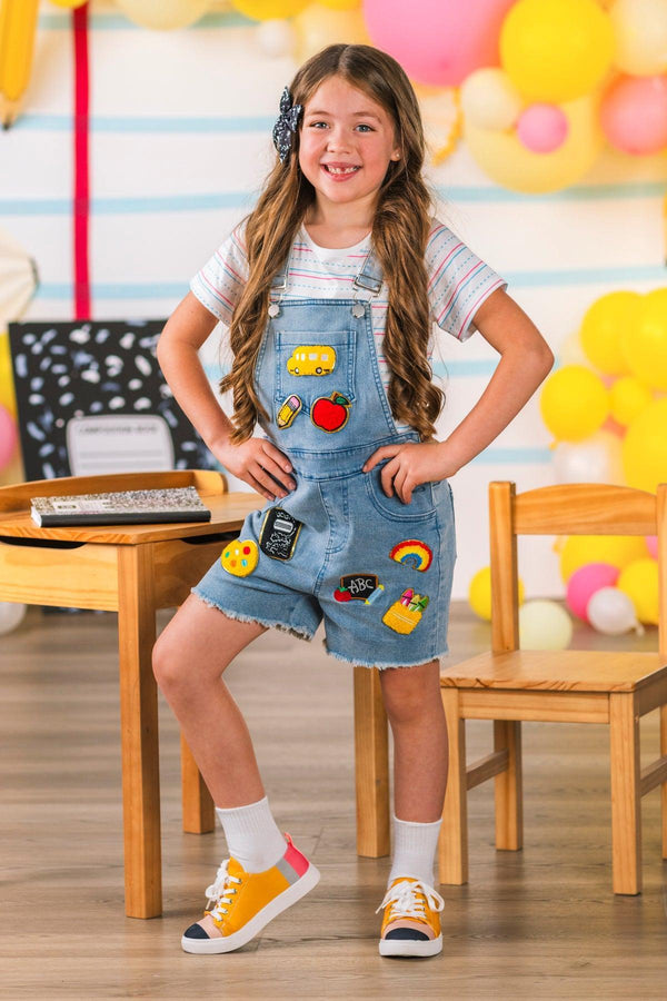 School Patch Denim Overall Set | Sparkle in Pink