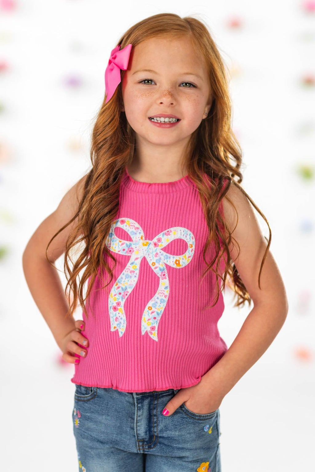 Hot Pink Floral Bow Denim Short Set | Sparkle in Pink