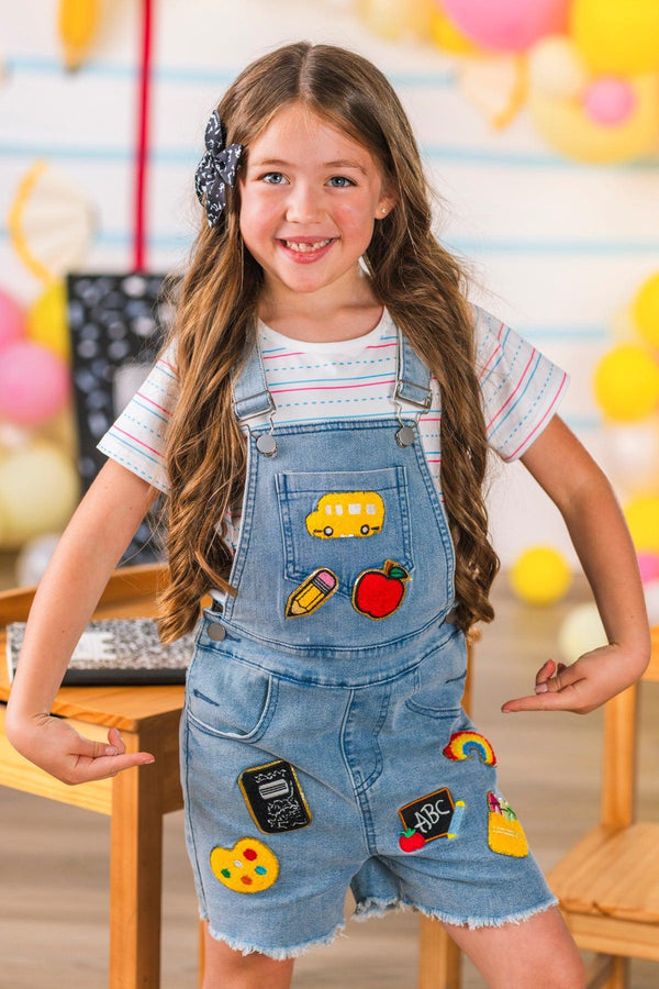 School Patch Denim Overall Set | Sparkle in Pink