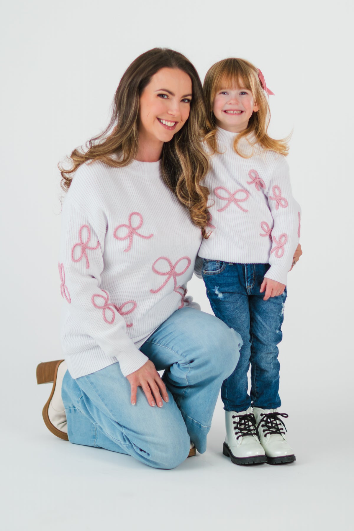 Mom & Me - White & Pink Bow Knit Sweater | Sparkle in Pink