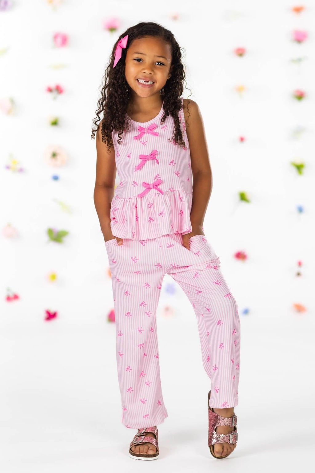 Pink Bow Striped Pant Set | Sparkle in Pink