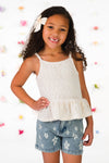Crochet Lace Flower Denim Short Set | Sparkle in Pink