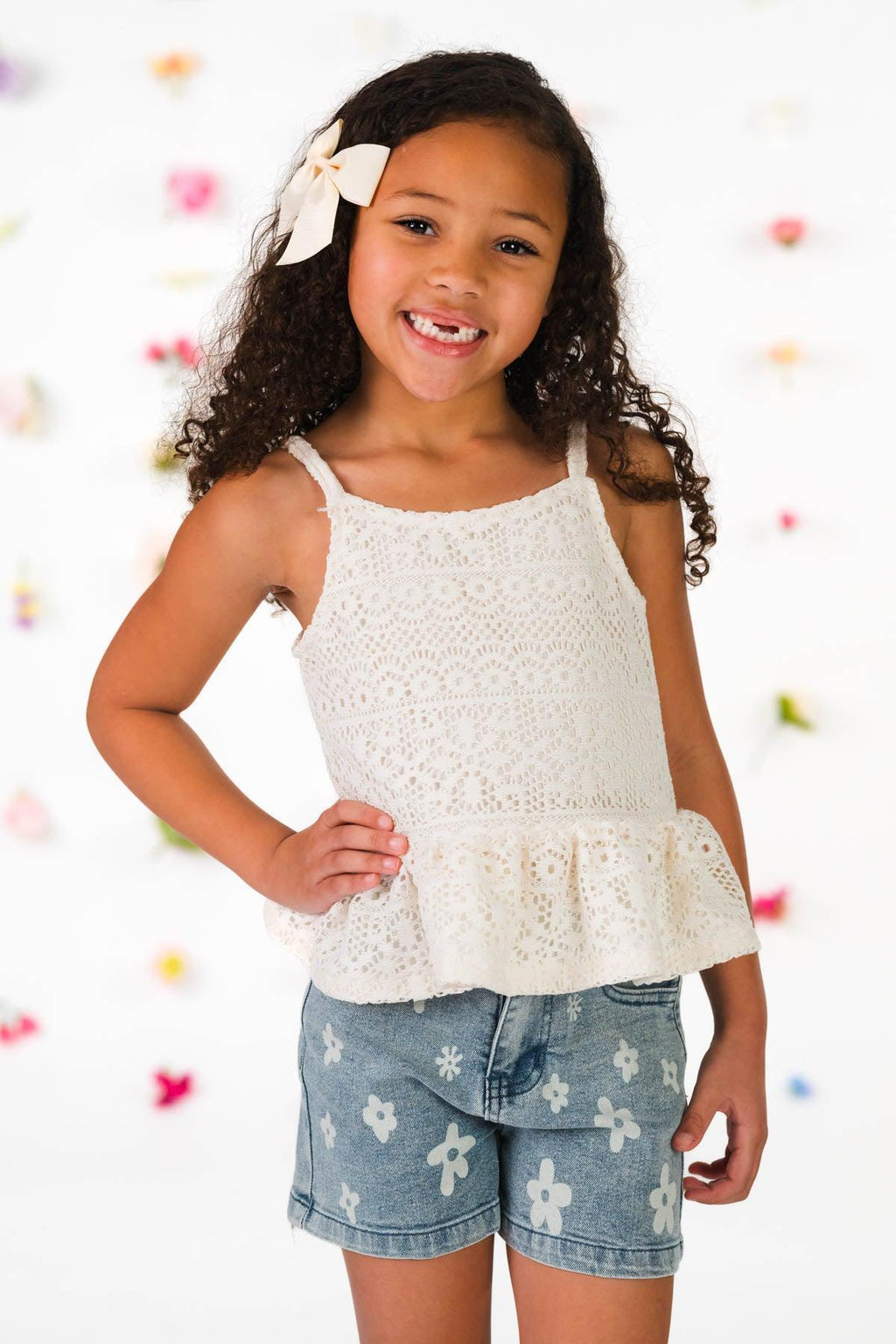 Crochet Lace Flower Denim Short Set | Sparkle in Pink