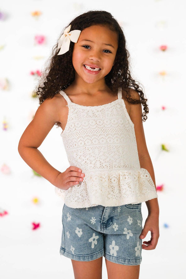 Crochet Lace Flower Denim Short Set | Sparkle in Pink