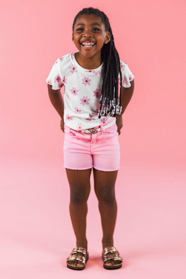 White & Pink Flower Print Denim Short Set | Sparkle in Pink