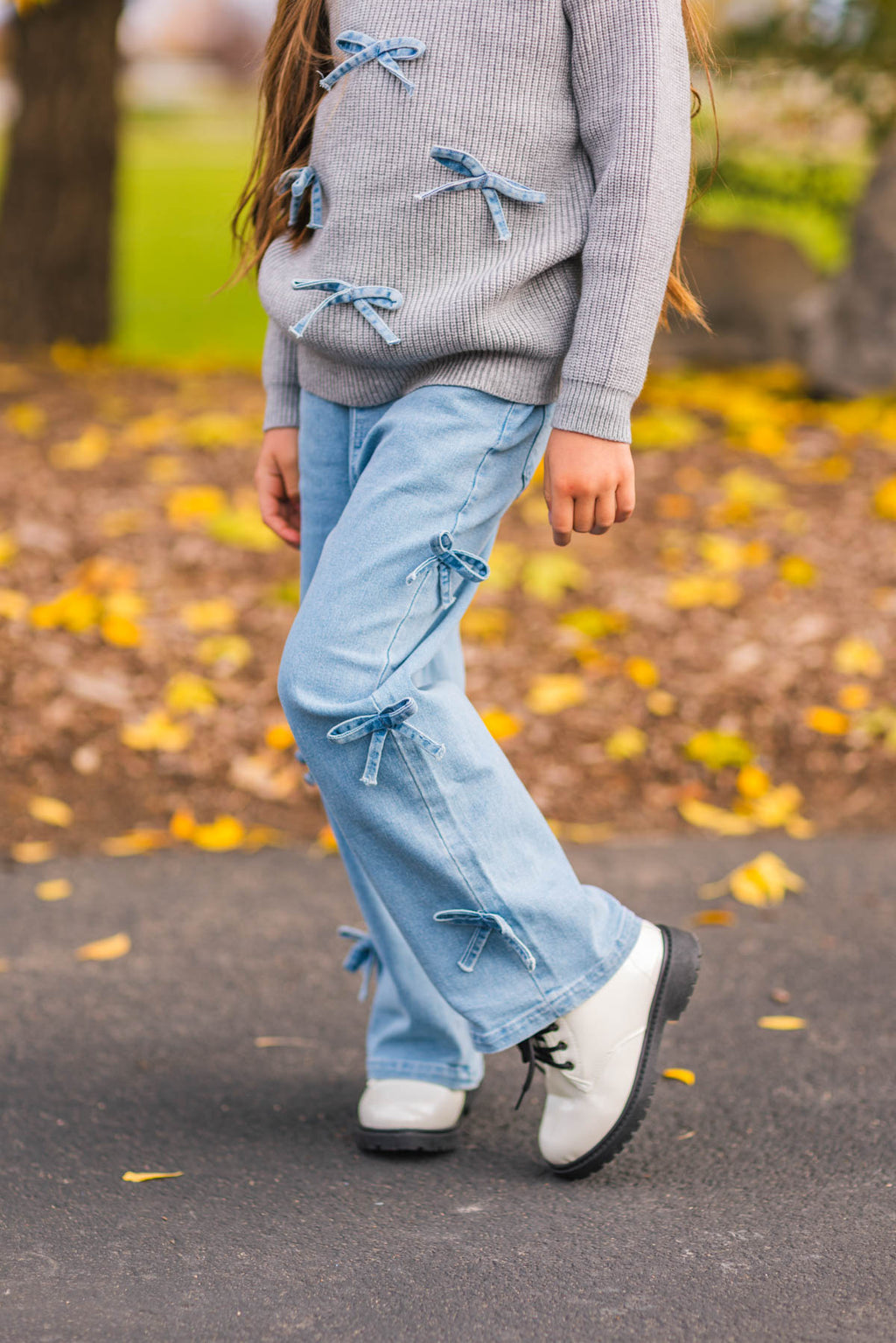 Mom & Me - Gray Bow Knit Sweater & Denim Pant Set