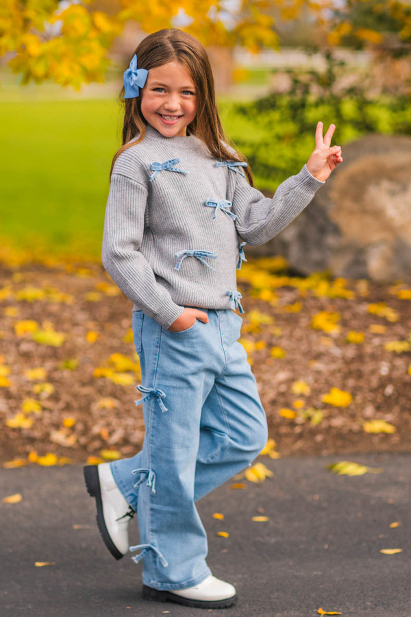 Mom & Me - Gray Bow Knit Sweater & Denim Pant Set