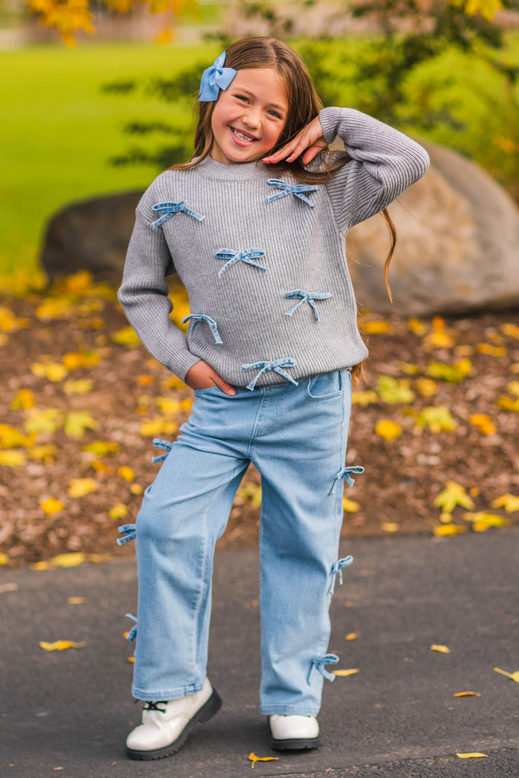 Mom & Me - Gray Bow Knit Sweater & Denim Pant Set