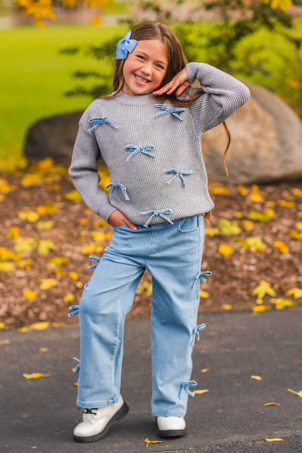 Mom & Me - Gray Bow Knit Sweater & Denim Pant Set