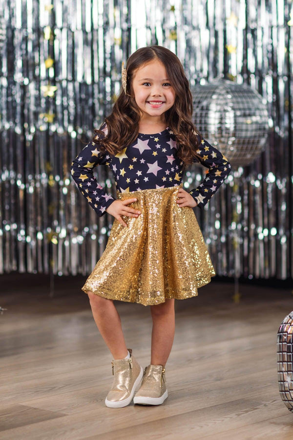 Gold Sequin Star Dress | Girls' Holiday Clothing Sparkle In Pink Gold Sequin Star Dress | Girls' Holiday Clothing Sparkle In Pink