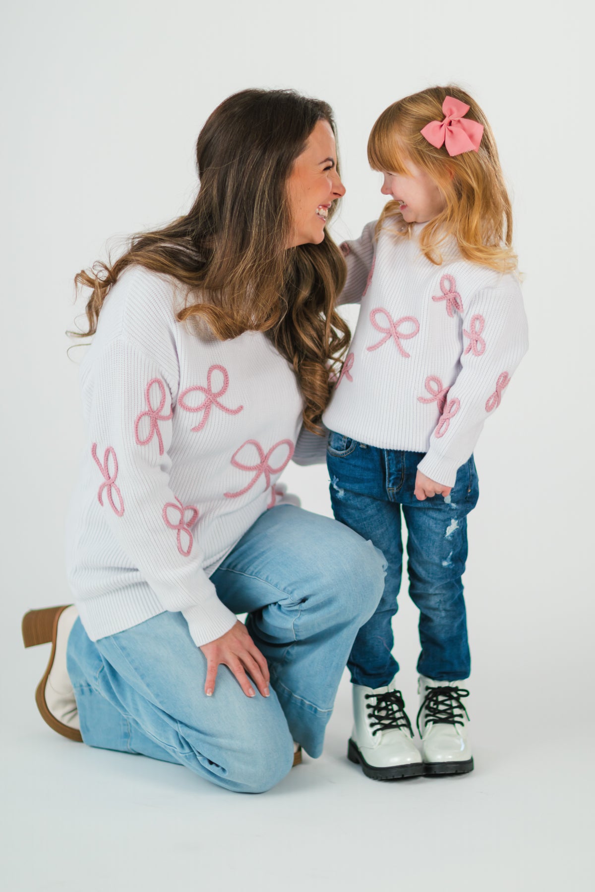 Mom & Me - White & Pink Bow Knit Sweater | Sparkle in Pink