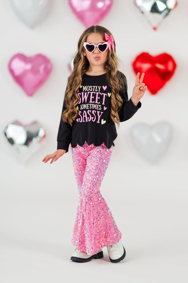 "Mostly Sweet Sometimes Sassy" Sequin Bell Bottom Set | Sparkle in Pink