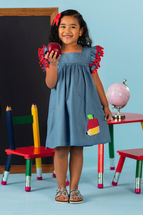 Apple Pom Pom Chambray Dress | Sparkle in Pink