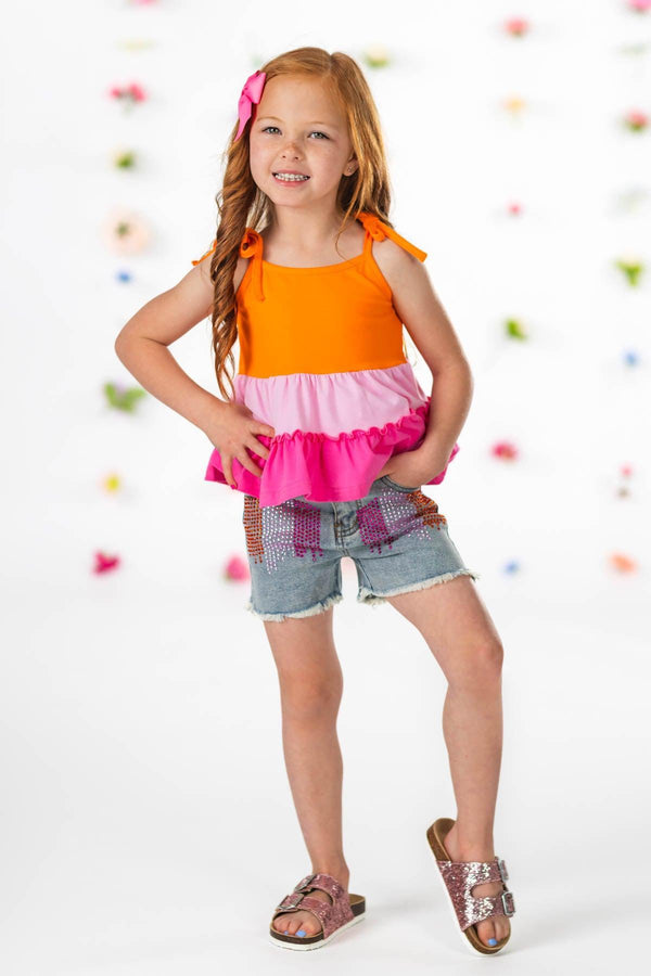 Pink & Orange Denim Short Set | Sparkle in Pink