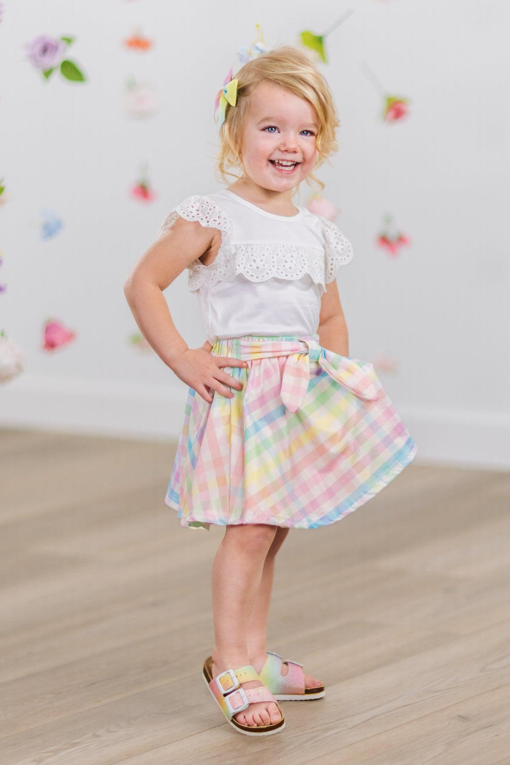 White Lace & Pastel Plaid Tie Skirt Set | Sparkle in Pink
