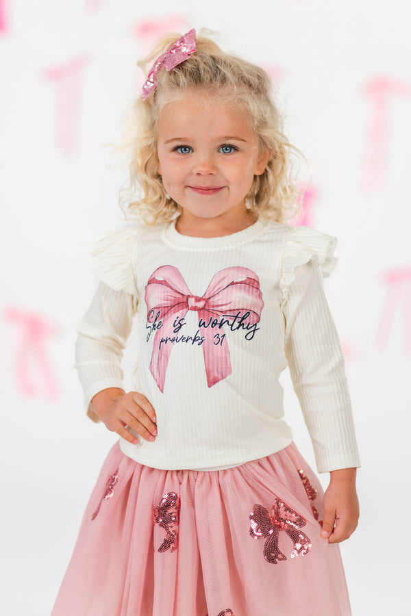 "She Is Worthy" Sequin Bow Tutu Skirt Set