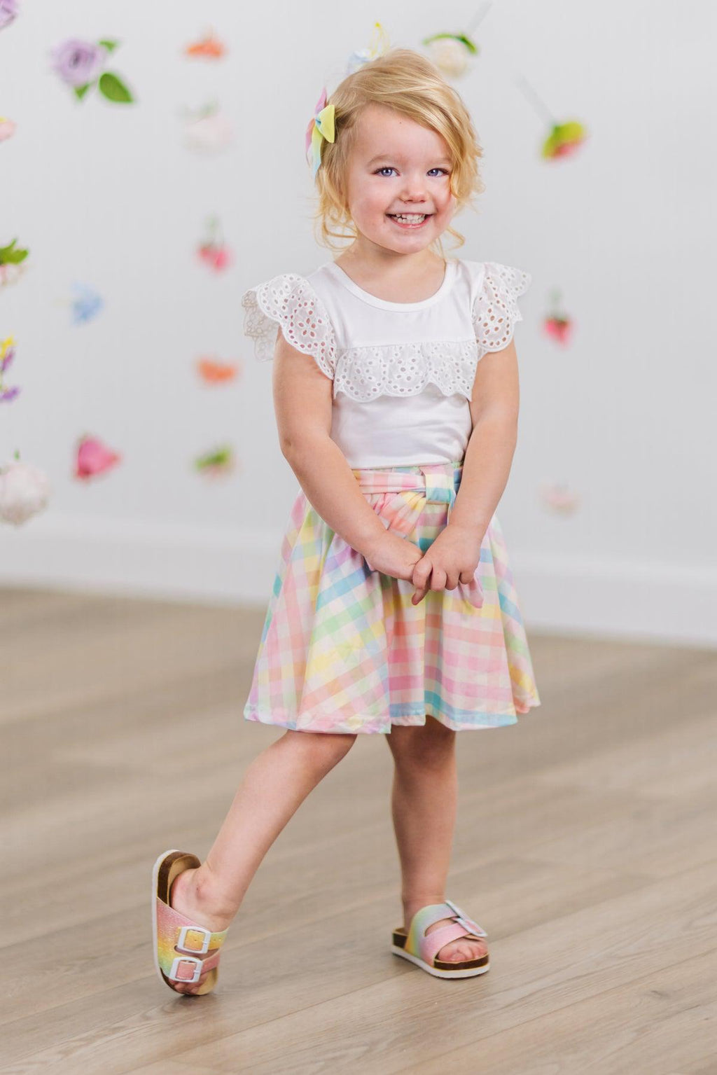 White Lace & Pastel Plaid Tie Skirt Set | Sparkle in Pink