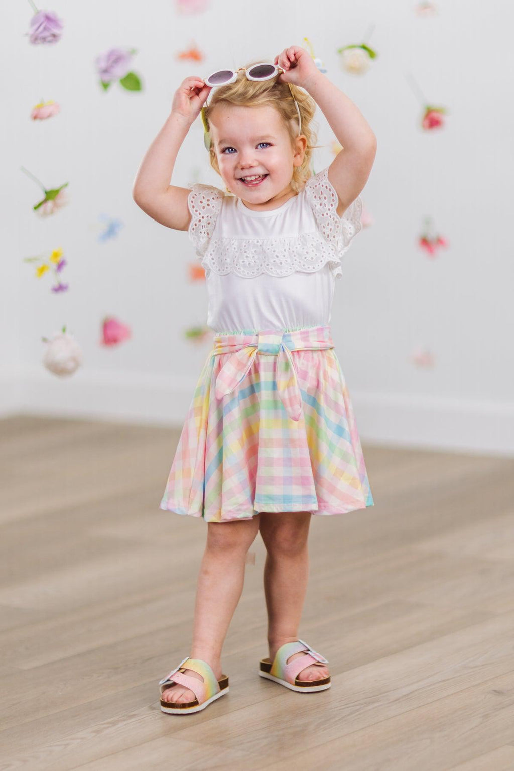 White Lace & Pastel Plaid Tie Skirt Set | Sparkle in Pink
