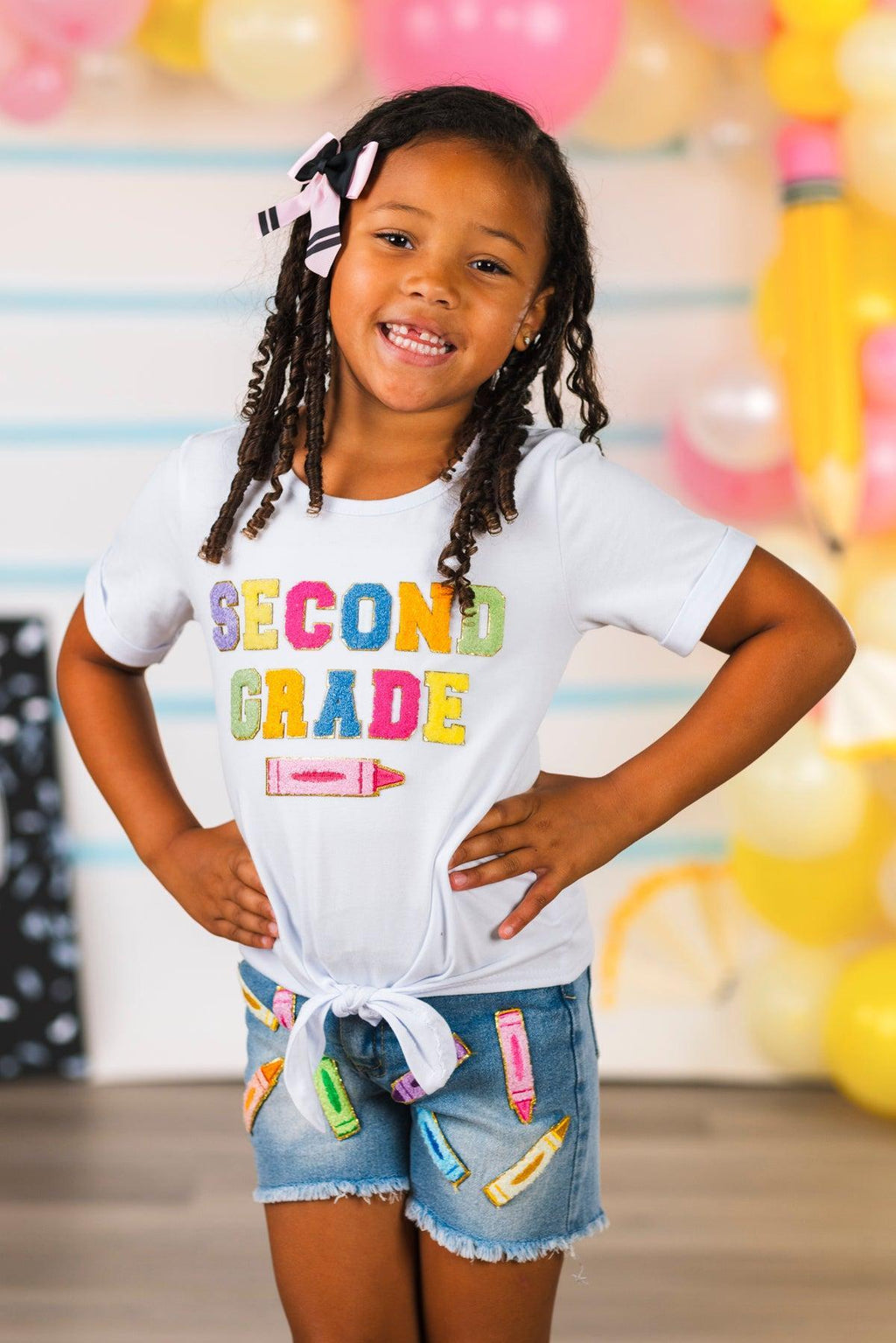 "Pre School - Sixth Grade" Crayon Denim Short Set | Sparkle in Pink