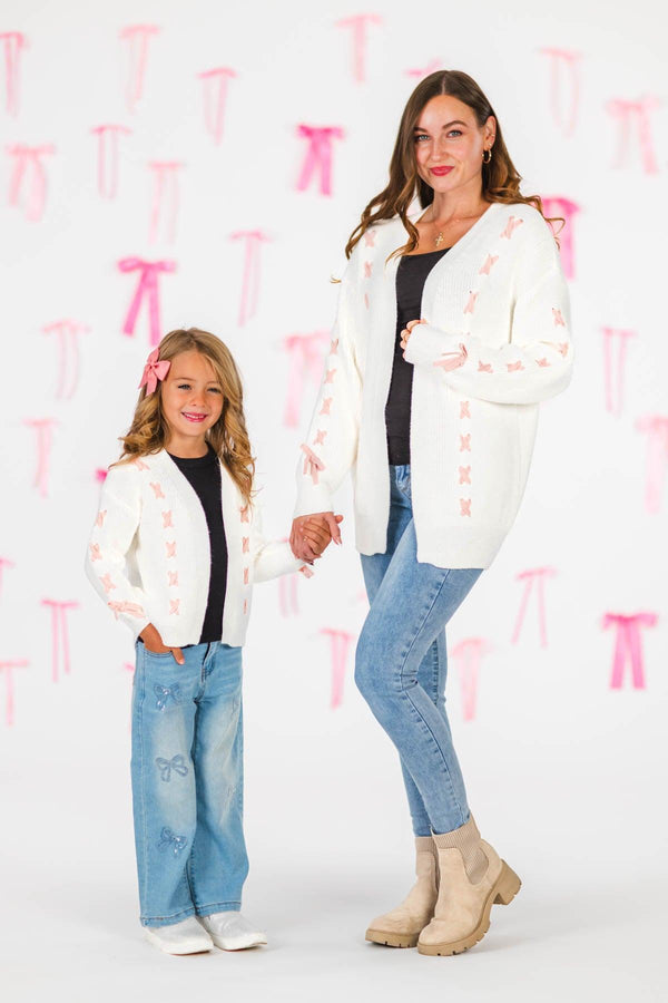 Mom & Me - Cream Lace-Up Bow Cardigan