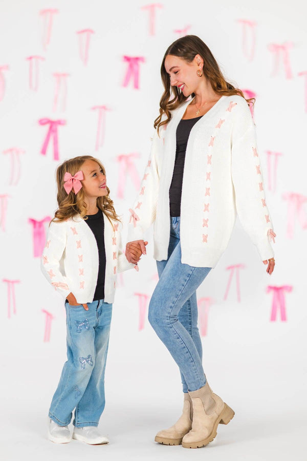 Mom & Me - Cream Lace-Up Bow Cardigan