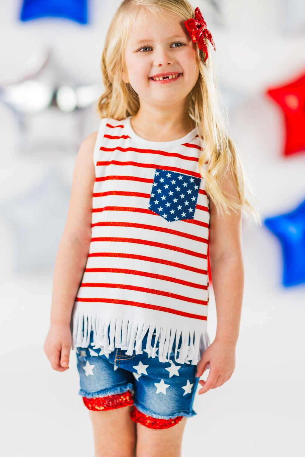 American Flag Glitter Star Denim Short Set | Sparkle in Pink