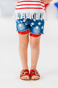 American Flag Glitter Star Denim Short Set