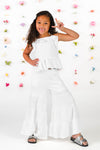 White Flowy Ruffle Flare Pant Set | Sparkle in Pink