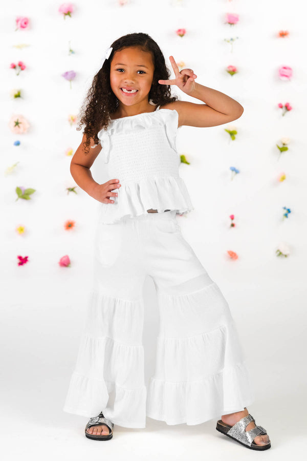 White Flowy Ruffle Flare Pant Set | Sparkle in Pink