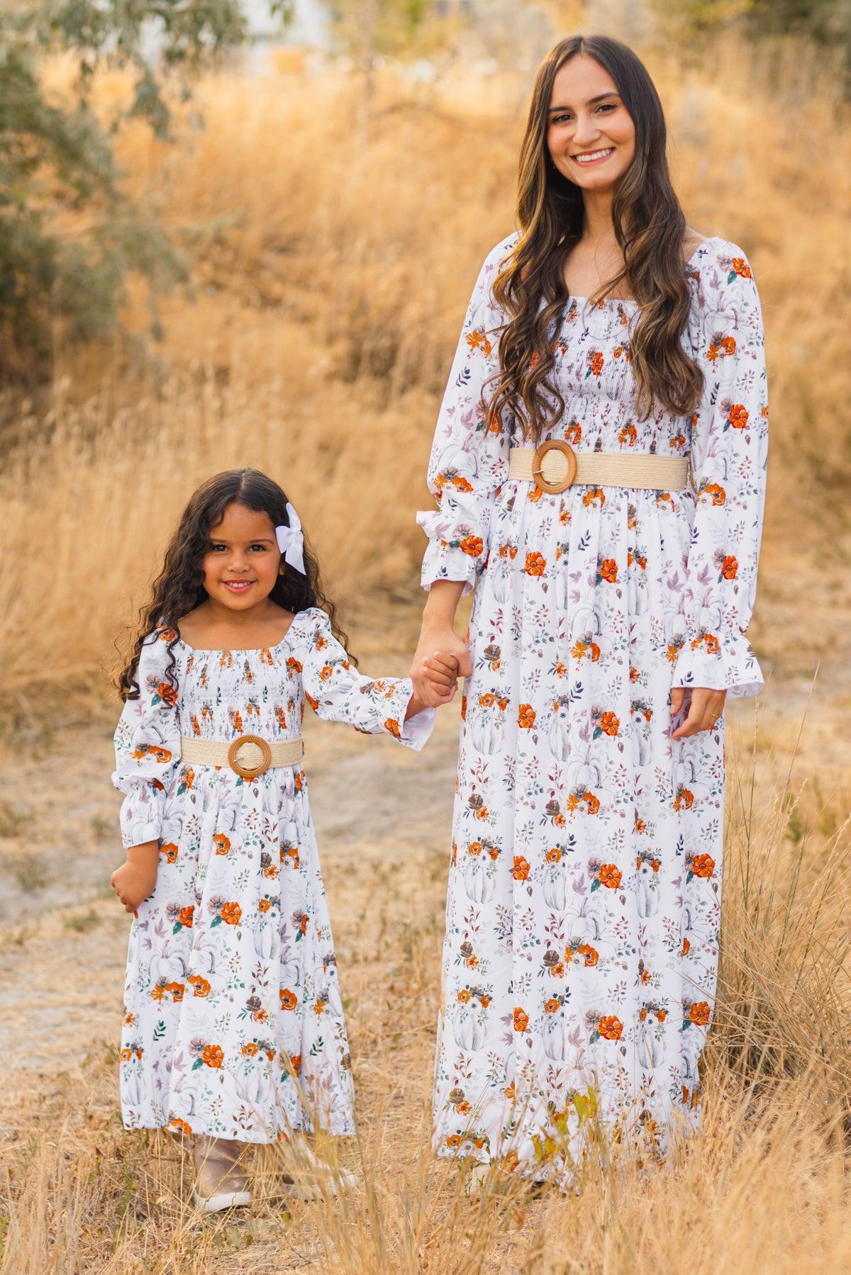 Mom & Me - White Pumpkin Floral Dress | Sparkle in Pink