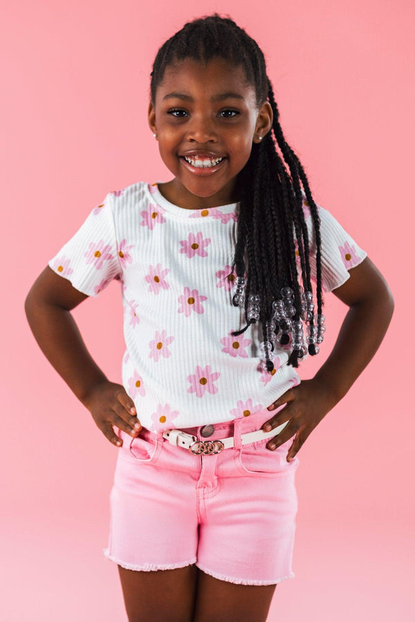 White & Pink Flower Print Denim Short Set | Sparkle in Pink