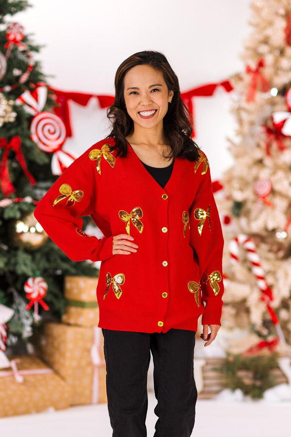Mom & Me - Red & Gold Bow Sweater Cardigan