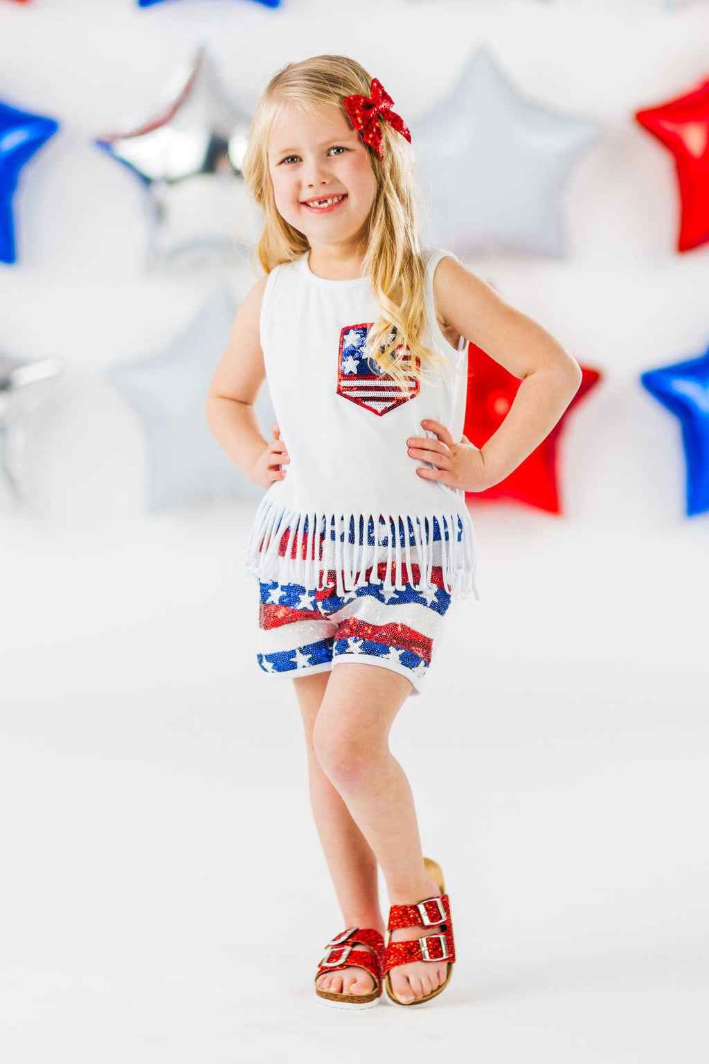 White Sequin American Flag Fringe Short Set | Sparkle in Pink