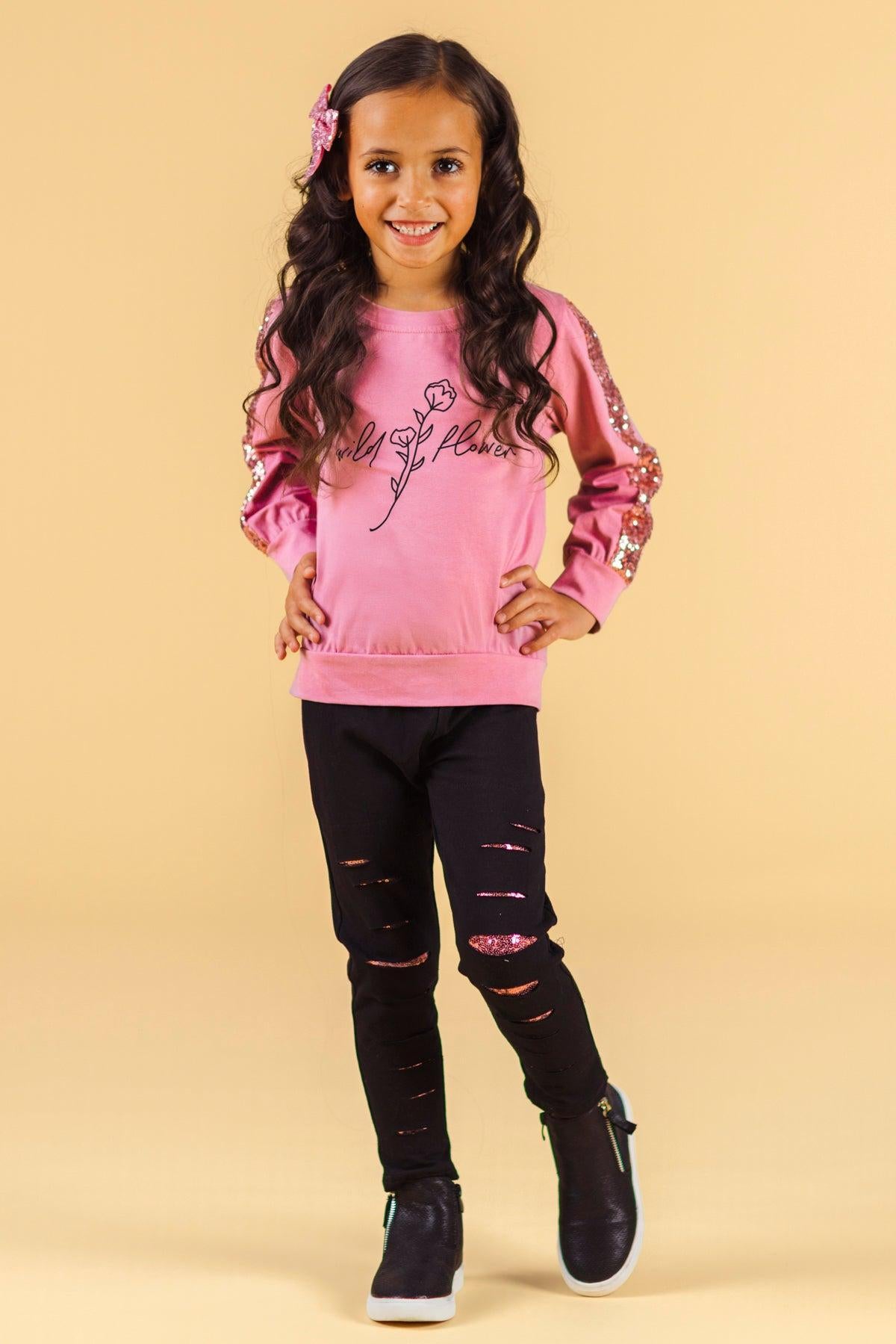 "Wild Flower" Pink Distressed Legging Set