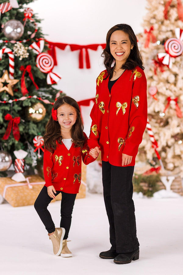 Mom & Me - Red & Gold Bow Sweater Cardigan