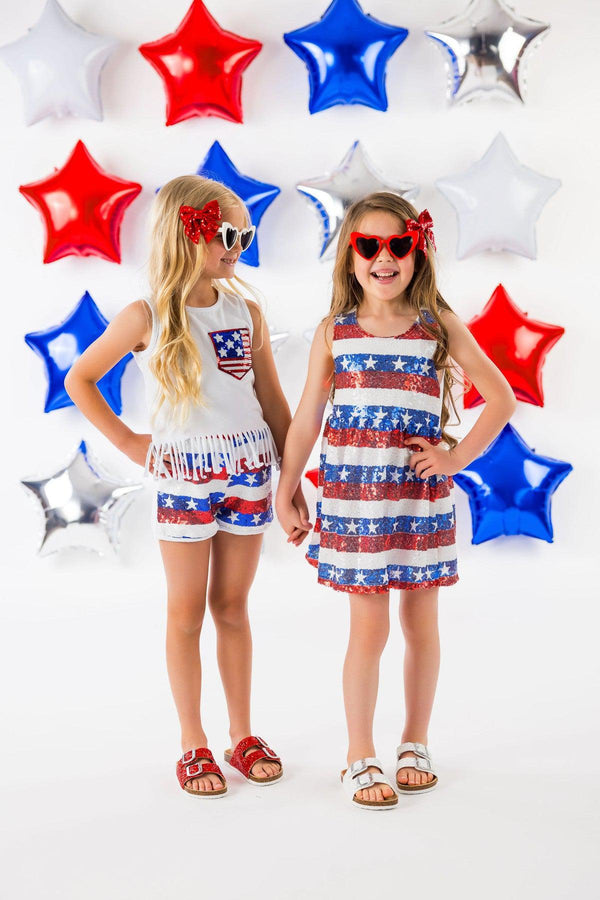 White Sequin American Flag Fringe Short Set - Sparkle in Pink