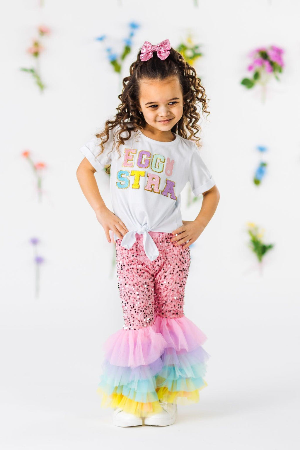 "Eggstra" Pink Sequin Tulle Bell Bottom Set | Sparkle in Pink