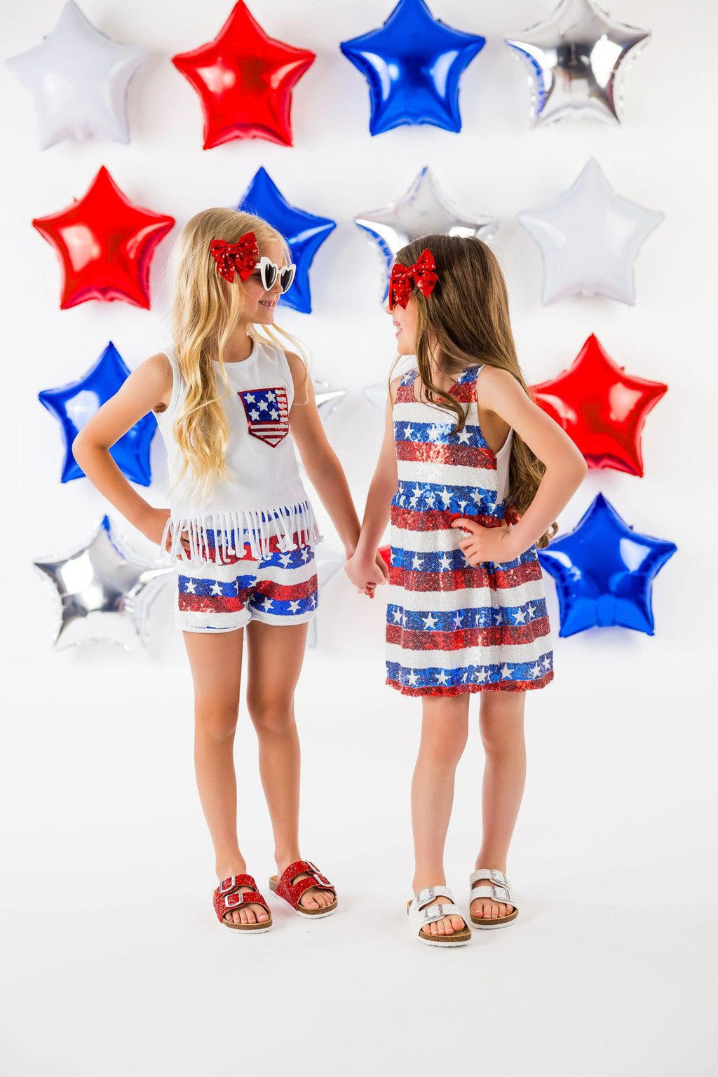 White Sequin American Flag Fringe Short Set - Sparkle in Pink