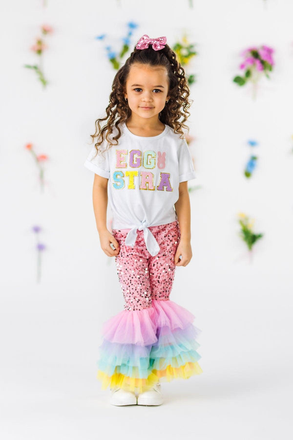 "Eggstra" Pink Sequin Tulle Bell Bottom Set | Sparkle in Pink