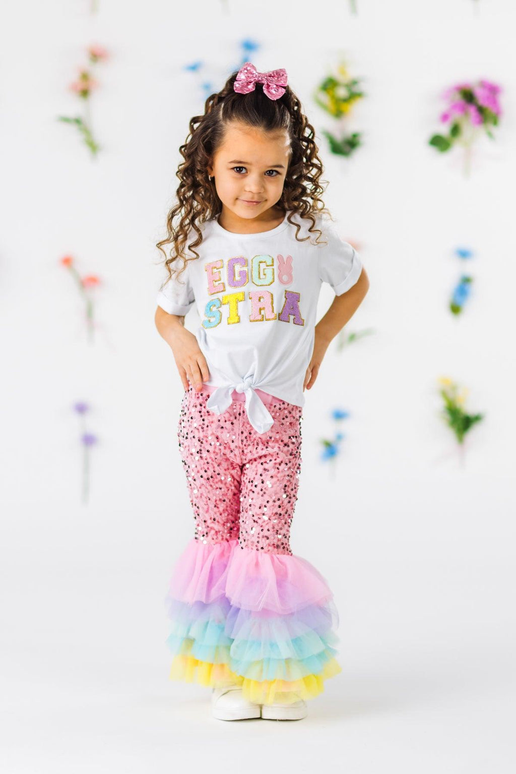 "Eggstra" Pink Sequin Tulle Bell Bottom Set | Sparkle in Pink