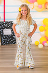 Cream Pencil Flower Flare Jumpsuit | Sparkle in Pink